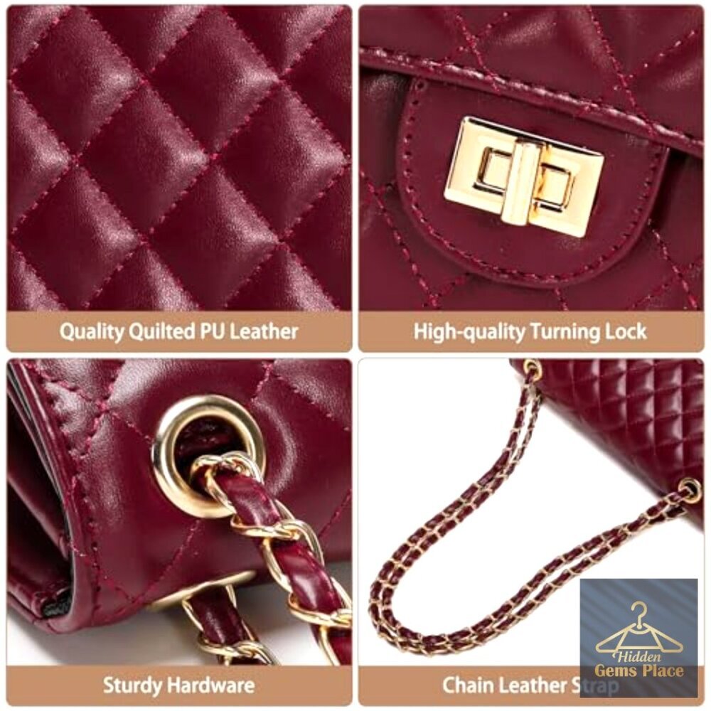 Quilted Crossbody Bag with Chain Strap, Faux Leather, Adjustable, 3 Compartments - Picture 6 of 7